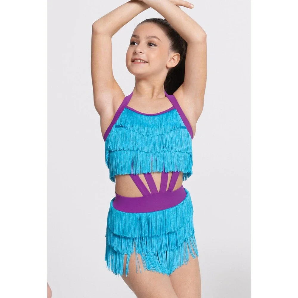 Pre-Owned Dance Costume Weissman  Intermediate Child Turquoise Fringe Jazz Tap